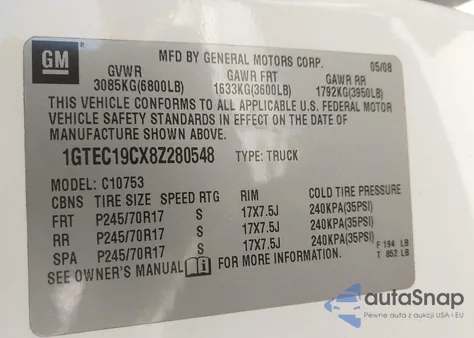 2008 GMC Sierra 1500 Work Truck z USA, uszkodzony, nr VIN 1GTEC19CX8Z280548